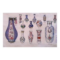 a drawing of vases with different designs and colors on them, from the beginning to the end of the 20th century