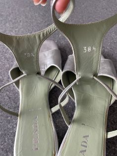 Gorgeous Prada Silver strappy t-bar  leather sandals with pistachio insides. in great condition with some creasing to the silver leather.  Size 5  Without box Strappy Sandals, Leather Sandals, Women's Shoes Sandals, Shoes Sandals, Womens Sandals, Prada, Sandals, Bathing Beauties, Women Shoes