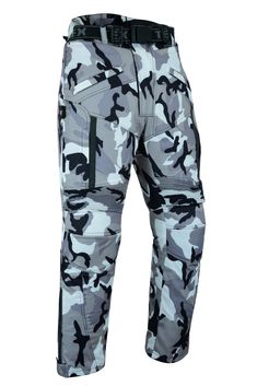 the camo cargo pant is shown in grey and black, with an adjustable belt