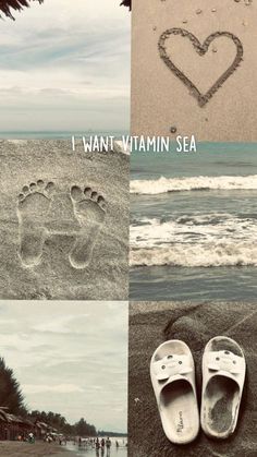 i want vitamin sea written in the sand and footprints on the beach with people walking around