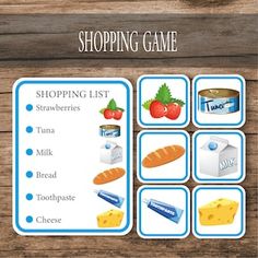 the shopping game is displayed on a wooden table with blue and white labels for different items