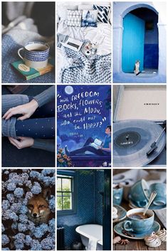 the collage is filled with blue and white items, including cups, saucers, dishes