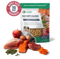 a bag of nature's blend dog food next to some meat and vegetables