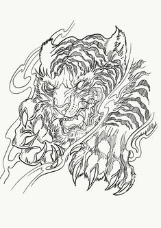 a black and white drawing of a tiger's head with flames coming out of it