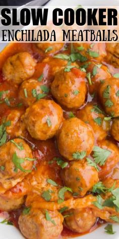 slow cooker enchilada meatballs on a white plate with parsley