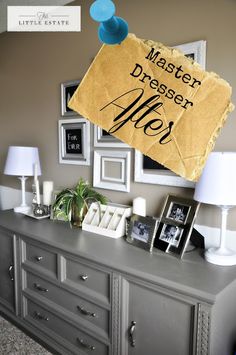 a dresser with pictures on it and a sign that says, master dress me up