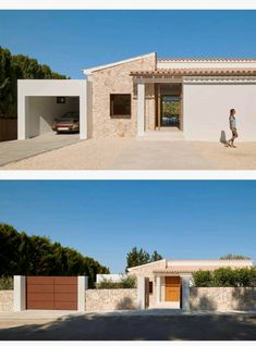 two pictures of a house with one person walking in the driveway