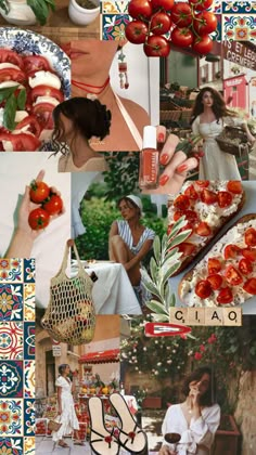 the collage is full of different pictures including tomatoes, flowers and other things to eat