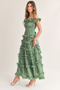 Leia Green Ruffled Floor Length Dress – Thread + Vine Boutique Green Ruffle Dress, Line Silhouette, Sage Green Bridesmaid Dress, Frilly Dresses, Floor Length Dress, Tiered Ruffle Dress, Green Bridesmaid Dresses, Floor Length Skirt, Textured Dress