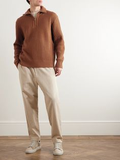 DESIGNED BY MR PORTER. A commitment to impeccable fabrics ensures Mr P.'s dependable wardrobe essentials boast longevity. This half-zip sweater is knitted from soft merino wool using a neat ribbed stitch. The brown tone will complement dark tailoring and indigo denim nicely. Half Zip Sweater Outfit, Zip Sweater Outfit, Quarter Zip Men, Mens Designer Sweaters, Half Zip Sweater, Mr P, Brown Tone, Sweater For Men, Designer Knitwear