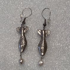 Thai Silver Fish And Pearl Earrings Sterling Silver 2 5/8” Long #1089 Boho, Handcrafted, Handmade Silver Earrings With Stones, Sheet Metal Jewelry, Fish Jewelry Silver, Japanese Earrings, Earring Stacks, Fish Earrings, Fish Jewelry, Silver Clay, Silver Fish