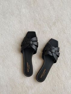 If you're looking for trending designer sandals, you'll love these 15 chic everyday options. These flat black Saint Laurent Tribute sandals are just one option that we love. Flat Sandals Outfit, Sandals Outfit, Slingback Shoes