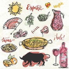 spanish food and drinks hand drawn