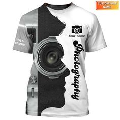 a t - shirt with the image of a man's face and camera on it