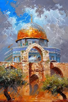 an oil painting of the dome of the rock on top of a building with trees in front of it