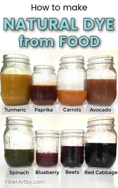 how to make natural dye from food in glass jars with text overlay that reads, how to make natural dye from food