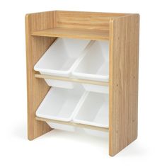 a wooden shelf with four white dishes on it's sides and two empty plastic bins in the bottom