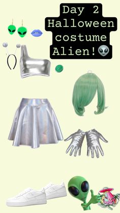 an alien costume and accessories are arranged on a white background with text that reads day 2 halloween costume alien