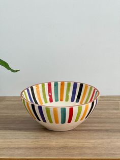 a bowl with multi - colored stripes on it sitting on a table next to a potted plant