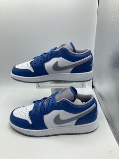 Nike Air Jordan 1 Low True Blue 553560-412 (GS) Size 6Y. Air Jordans Low, Jordans Low, Nike Air Jordan Low, Nike Shoes Air Force, Blue Air, Jordan Shoes Retro, Nike Air Jordan 1 Low, Custom Made Shoes, Nike Shoes Jordans