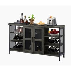 a wine rack with bottles and glasses on it