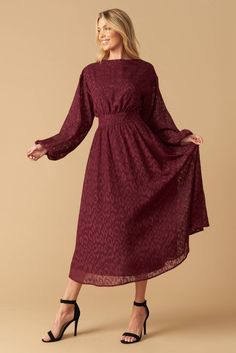 A textured woven midi dress featuring round neckline, long sleeve, smocked back waist band and back neck button closure Details: Self : 100% PolyesterLining : 100% Polyester Size & Fit - Model is 5`8" And Wearing Size Small- Measurements Taken From Size Small- Approx. Length: 50" What To Wear Fall, Burgundy Midi Dress, Knitted Swimsuit, Too Good To Be True, Back Neck, Curve Dresses, Casual Sets, New Arrival Dress, Guest Dresses