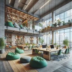 an office with large windows and lots of green furniture