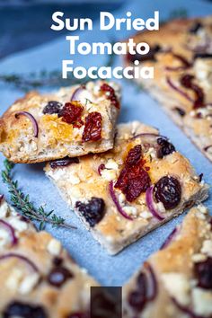 sun dried tomato focaccia on a baking sheet with the title above it