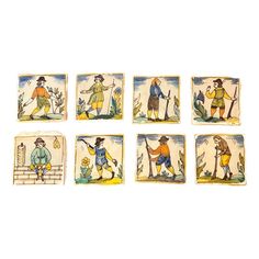 six hand painted tile coasters depicting different people