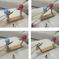 four pictures showing how to pull a balloon on a wooden stand with ropes and balls