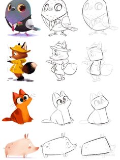 some cartoon animals that are in different poses