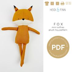 an orange fox stuffed animal laying on top of a white background with the words, fox mini softies plush toy pattern