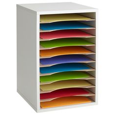 a multicolored file cabinet is shown with many files in it's drawers