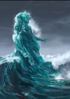 a painting of a person standing on top of a wave in the ocean