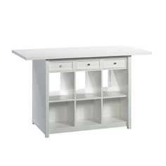 a white desk with two drawers and one shelf on the top, in front of a white background