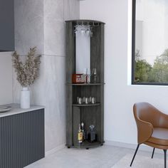 a corner shelf in the corner of a room with a chair and vase on it