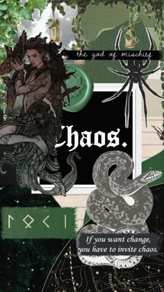 a collage of images with the words chaos and an image of a woman holding a snake