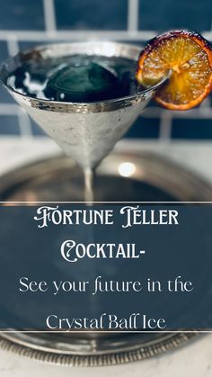 Fortune Teller Cocktail with dark blue ice sphere and candied orange garnish. Fortune Teller Birthday Party, Psychic Party Ideas, Full Moon Cocktail, Mystical Cocktails, Screwball Cocktails, Speakeasy Food, Magical Cocktails, Seance Party, Psychic Party