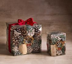 two wrapped presents with bows and pine cones