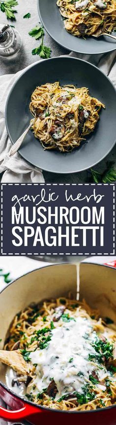 mushroom spaghetti in a red skillet with parsley on top and the title overlay