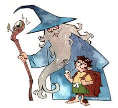 a drawing of a wizard with an octopus on his back and a boy holding a stick