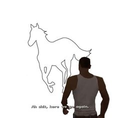 a man standing in front of a drawing of a horse on a white background with the words, at this point there is an outline of a running horse