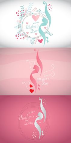 three banners with hearts and flowers for mother's day on pink, white and blue background