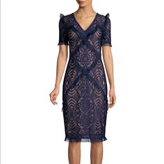 Worn Once, Excellent Condition And No Flaws. Bcbg Dress Bcbgmaxazria, Bcbgmaxazria Dresses, Lace Sheath Dress, Navy Floral, Stretch Lace, Sheath Dress, Colorful Dresses, Midi Dress, Color Blue