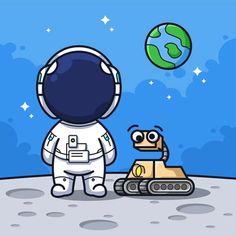 an astronaut standing on the moon next to a robot with a green earth in the background