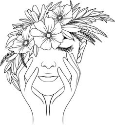 a woman's face with flowers in her hair and hands on her face, while she