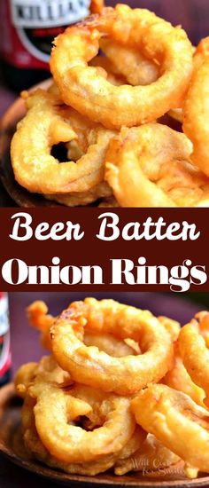 some onion rings are stacked on top of each other and the words beer batter onion rings