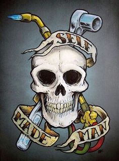 a skull with some writing on it's head and two wrenches in its mouth