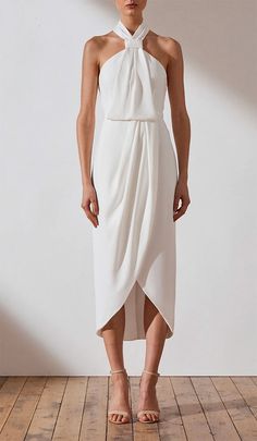 Love this dress? Get it here! Modern Cocktail Dress, Shona Joy Dress, Ivory Cocktail Dress, Ivory Bridesmaid Dresses, Modern Cocktail, Rehearsal Dinner Dresses, Draped Midi Dresses