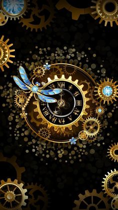 a clock with blue and gold gears on it's face in front of a black background